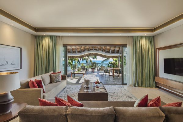 Luxurious beachfront suite at Royal Palm Beachcomber Luxury in Mauritius.