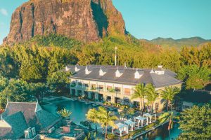 Aerial view of JW Marriott Mauritius Resort with its beachfront location on Le Morne Peninsula.