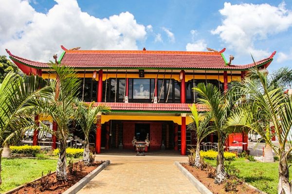 The colorful Kwan Tee Pagoda with traditional Chinese architectural elements.