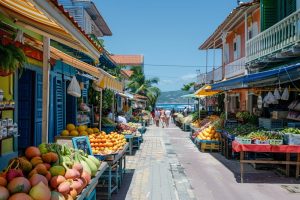 Colorful stalls at Mahébourg market selling fresh produce and spices