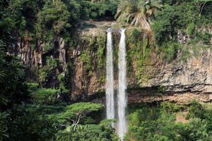 Black River Gorges National Park with waterfall and forested hills