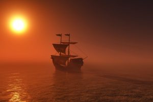 A depiction of a pirate ship sailing in the Indian Ocean near Mauritius.