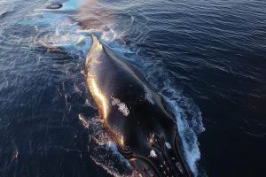 A humpback whale breaching near Mauritius’ coastline, with Le Morne Brabant visible in the distance.